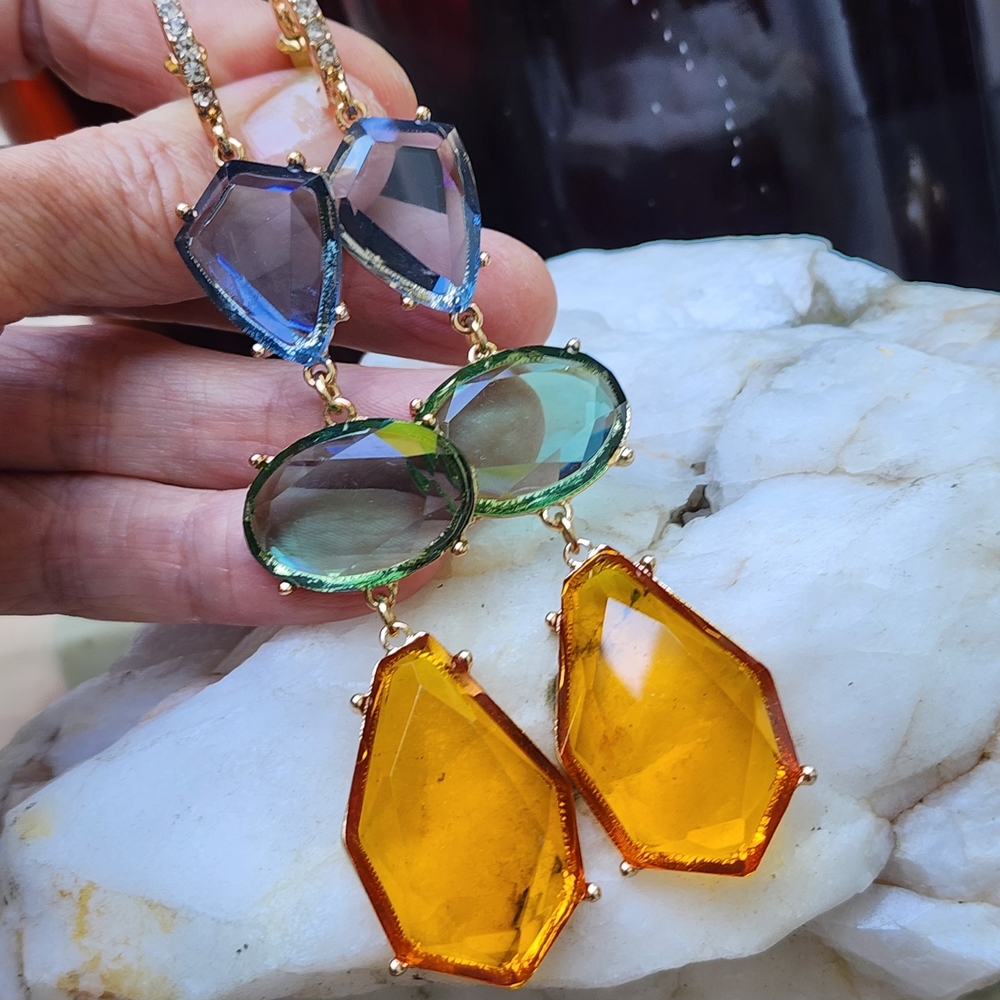 Drop Earrings Big Long Light Multi-Color Faceted Gold hoops Resin Crystals